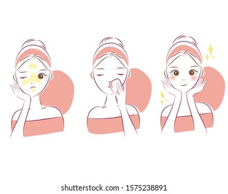 Girl have oily skin problems. Cleanse with facial cleanser. Treatment for oily skin. Beauty cartoon character illustration.