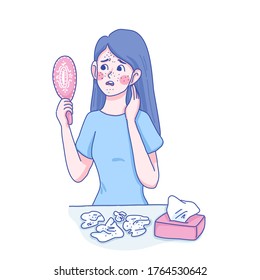 Girl have problems with her face skin design of vector. Cartoon illustration.