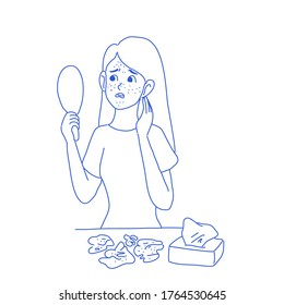 Girl have problems with her face skin design of vector. Cartoon illustration.
