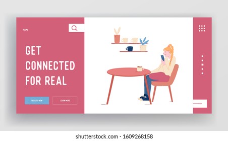 Girl Have Relaxing Sparetime in Cafeteria Website Landing Page. Young Woman Visiting Restaurant or Cafe Sitting at Table with Coffee Cup and Smartphone Web Page Banner Cartoon Flat Vector Illustration
