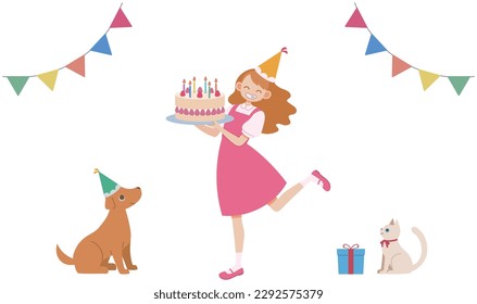 Girl having birthday party with dog and cat