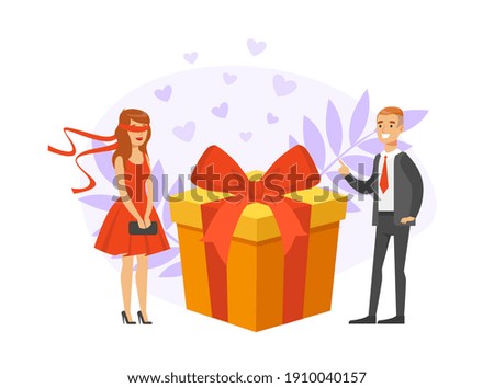 Girl Having Blind Date, People Finding Love, Young Man and Blindfolded Girl Met through Online Dating Application or Website Vector Illustration