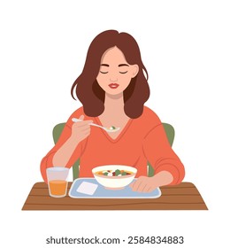 Girl having breakfast. Color vector illustration.