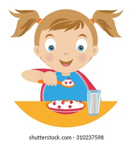 Girl having breakfast , holding a spoonful of porridge , a plate of porridge and a glass of milk on the table