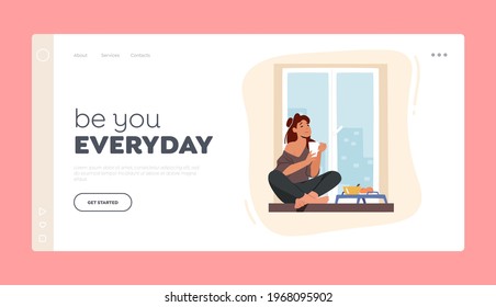 Girl Having Breakfast, Home Relaxation Landing Page Template. Young Woman Sitting on Windowsill with Cup, Drinking Coffee with Fruits at Morning Looking through Window. Cartoon Vector Illustration