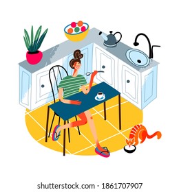 Girl having breakfast at kitchen. Daily routine of young woman schedule vector illustration. Female eating breakfast from spoon, cup of coffe on table. Cat drinking milk from bowl on floor.