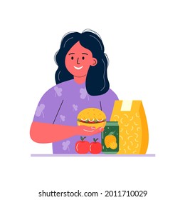 Girl having breakfast or lunch meals. Kids, people eating, drinking healthy food, drinks. Children school lunch boxes with meal, hamburger, sandwich, juice, snacks, fruit, vegetables.Vector