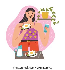 Girl having breakfast with sandwich milk. Morning everyday routine. Modern vector flat illustration