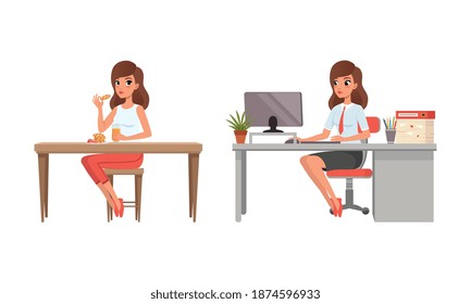 Girl Having Breakfast and Working with Laptop Computer at her Office Set, Young Woman Activity and Daily Routine Cartoon Vector Illustration