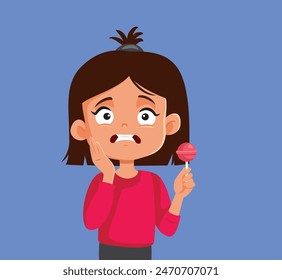 
Chica que tiene caries por comer demasiada Ilustración vectorial azucarada. Niño infeliz que sufre de síntomas dentales dolorosos debido a una dieta pobre 
