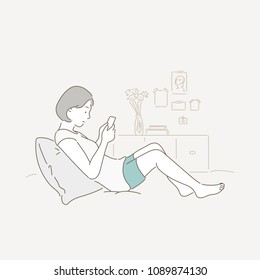 The girl is having a cell phone with a boring expression. hand drawn style vector doodle design illustrations.