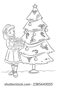 Una chica con regalos de Navidad. Ilustración de dibujos animados de vector blanco y negro para una página de libros de color