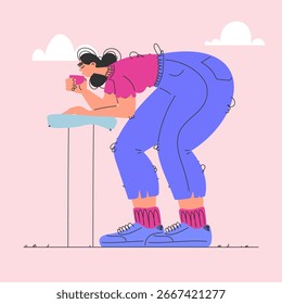 Muchacha que tiene un descanso del café en la mesa con las nubes en el fondo, estilo de la historieta.
