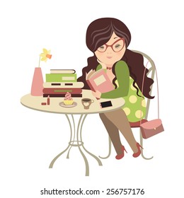 Girl having coffee and reading a book. Vector illustration