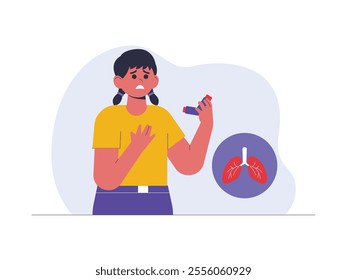 Girl having difficulty breathing and holding inhaler, device used by asthma sufferers to relieve shortness of breath, her expression shows anxiety and discomfort, health problem vector illustration.