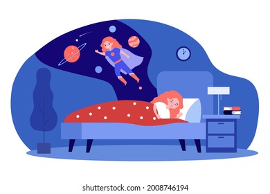 Girl having fantastic dreams while sleeping at night. Flat vector illustration. Little girl dreaming of flying into space as superhero in mantle. Sleeping, dream, childhood, space, fantasy concept