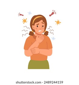 Girl having flu, sore throat. Coughing child with influenza virus, flat cartoon vector illustration. Young woman having cold, seasonal flu. Child with sick symptoms feeling unwell, coronavirus disease