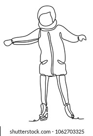 Girl having fun in park, balancing while skating at ice rink. Enjoying nature. Continuous line drawing. Isolated on the white background.