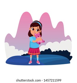 girl having fun and playing with purple teddy bear at nature outdoors splash scenery vector illustration graphic design