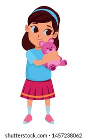 girl having fun and playing with purple teddy bear vector illustration graphic design