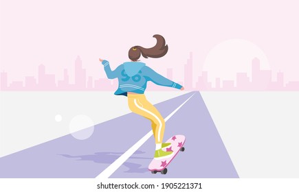 Girl having fun riding a skateboard on the road