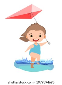 Girl is having fun. Waves of water in river, sea or ocean. Kite. Swimming, diving and water sports. Pool. Isolated on white background. Illustration in cartoon style. Flat design. Vector art