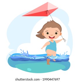 Girl is having fun. Waves of water in river, sea or ocean. Kite. Swimming, diving and water sports. Pool. Isolated on white background. Illustration in cartoon style. Flat design. Vector art