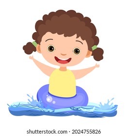 Girl is having fun. Waves of water in river, sea or ocean. swimming circle, diving and water sports. Pool. Isolated on white background. Illustration in cartoon style. Flat design. Vector art