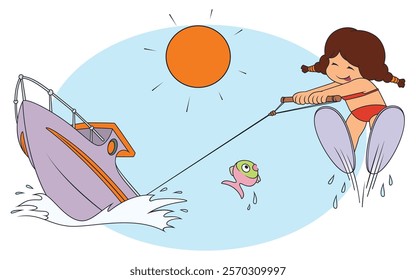 Girl having fun while riding water ski. Funny people. Illustration concept template for website, web landing page, banner, presentation, social, poster, promotion or print media.