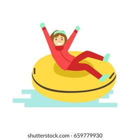 Girl having fun while sledding on snow rubber tube. Winter activity colorful character vector Illustration