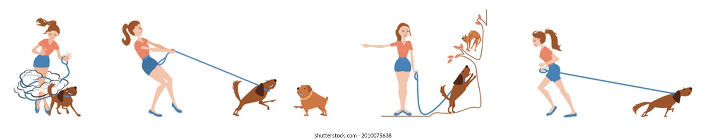 A Girl Having A Hard Time Walking Her Dog. A Set Of Common Challenges Of Being A Dog Walker.