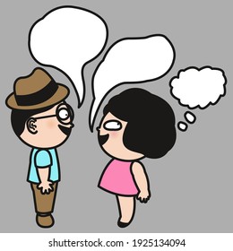 A Girl Having Her Own Thought Bubble While Talking Speech Bubble To Her Boyfriend Concept Card Character illustration