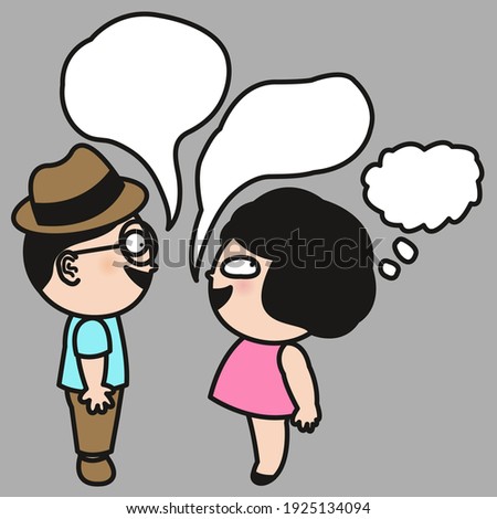 A Girl Having Her Own Thought Bubble While Talking Speech Bubble To Her Boyfriend Concept Card Character illustration