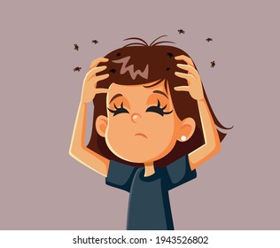 Girl Having a Lice Problem Scratching Her Head. Child with pediculosis having an itchy scalp
