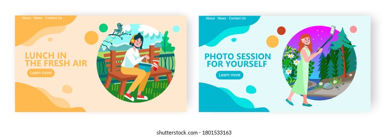 Girl having lunch break and eating noodles on a bench in park. Woman taking selfie photo with nature landscape. Travel concept illustration. Vector web site design template