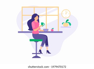 Girl having lunch during break in cozy dining room. Beautiful girl in suit drinks coffee while sitting bar stool. Hot nutrition soup bowl and fresh sweet apple. Cartoon vector illustration