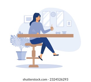 Girl having lunch during break in cozy dining room. Hot nutrition soup bowl and fresh sweet apple. flat vector modern illustration