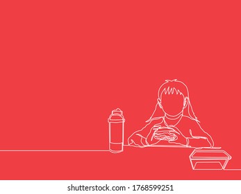 girl having lunch in one line vector illustration