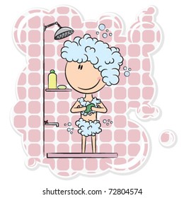 Girl having morning shower with big bubbles