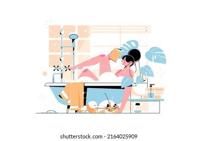 Girl Having Nice Bath Time Vector Illustration. Woman Relaxing In Bubble Bath Reading Book, Cat Pet Flat Style. Weekend, Relaxation, Leisure Concept. Isolated On White Background