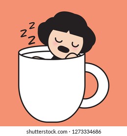 Girl Having A Power Nap In The Empty Coffee Cup Just After Drinking Coffee To Keep Herself Alert Concept Card Character illustration