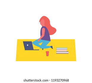 Girl having rest in park sitting on rug cartoon vector icon. Lady silhouette with laptop, paper cup of coffee, pile of books, studying and relaxing