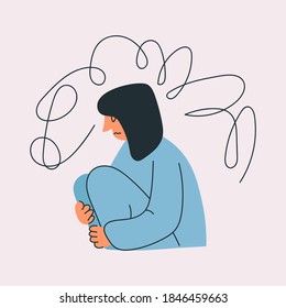 Girl having unhappy thoughts. Mental health concept. Hand drawn illustration.