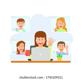 A girl having video chat group with his friends 
