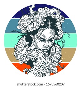 Girl head in arms of octopus tentacles on bright background