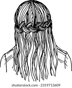 Vista posterior de la cabeza de una chica. Cabello suelto y cola de pigmento. Ilustración dibujada a mano.