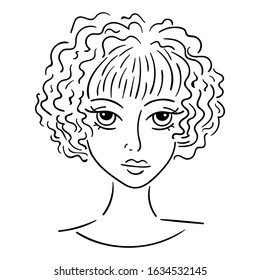 Girl head in caricature style black line isolated on white background, vector for design and decor, for logo, girl with short curly hair, young