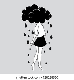 girl head cloud with rain on white and black color background art design 