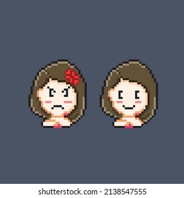 girl head with different expression in pixel style