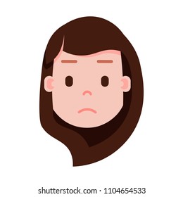 girl head emoji with facial emotions, avatar character, woman sorrowful face with different female emotions concept. flat design.